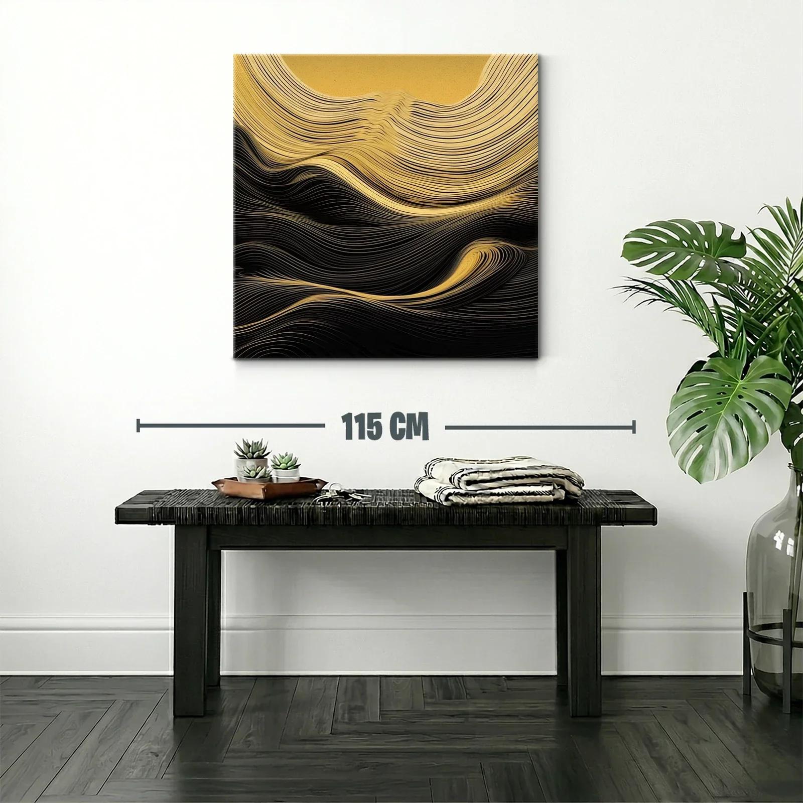 Cuadro abstracto líneas doradas y negras en movimiento — miniatura 2