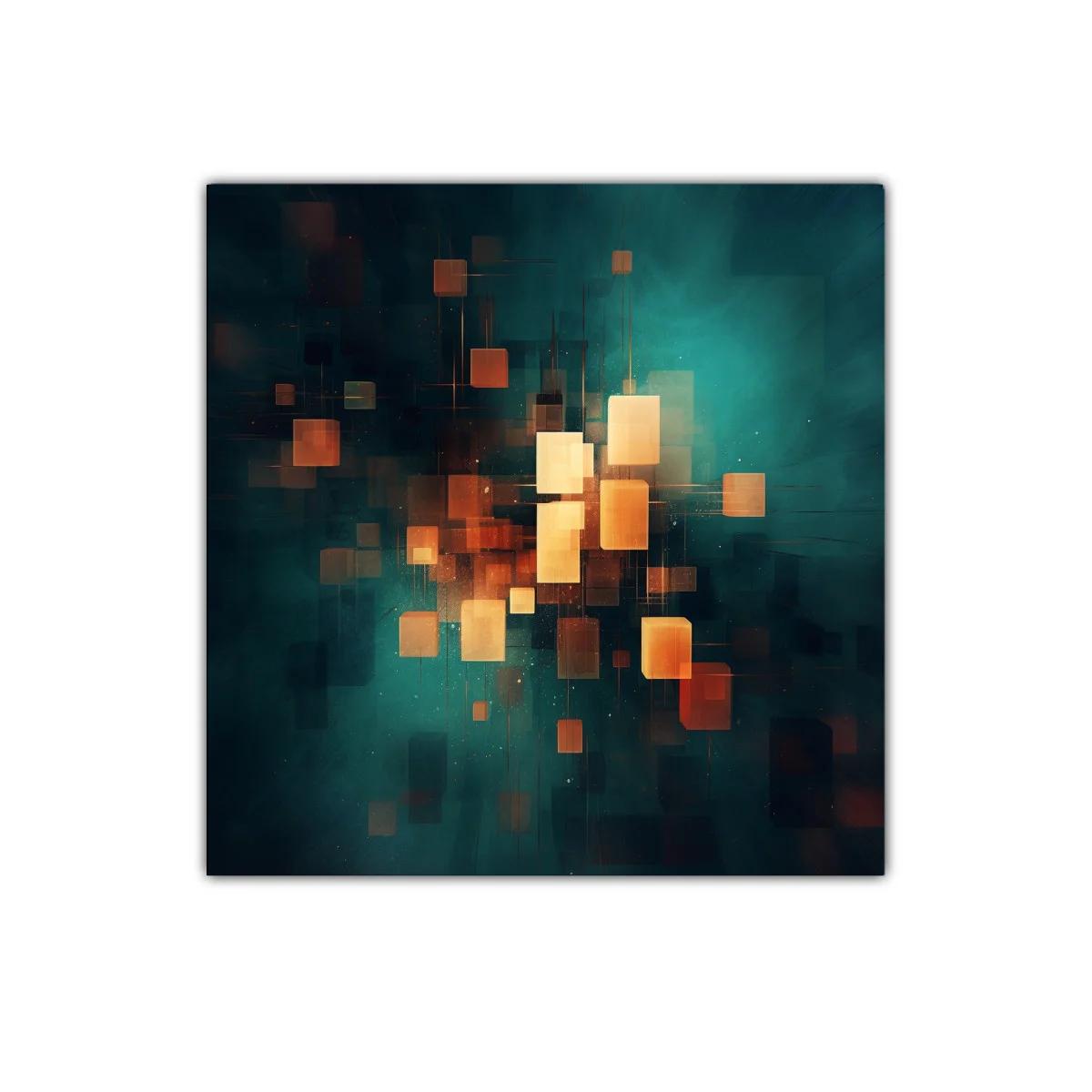Cuadro abstracto con luces cálidas en fondo azul oscuro