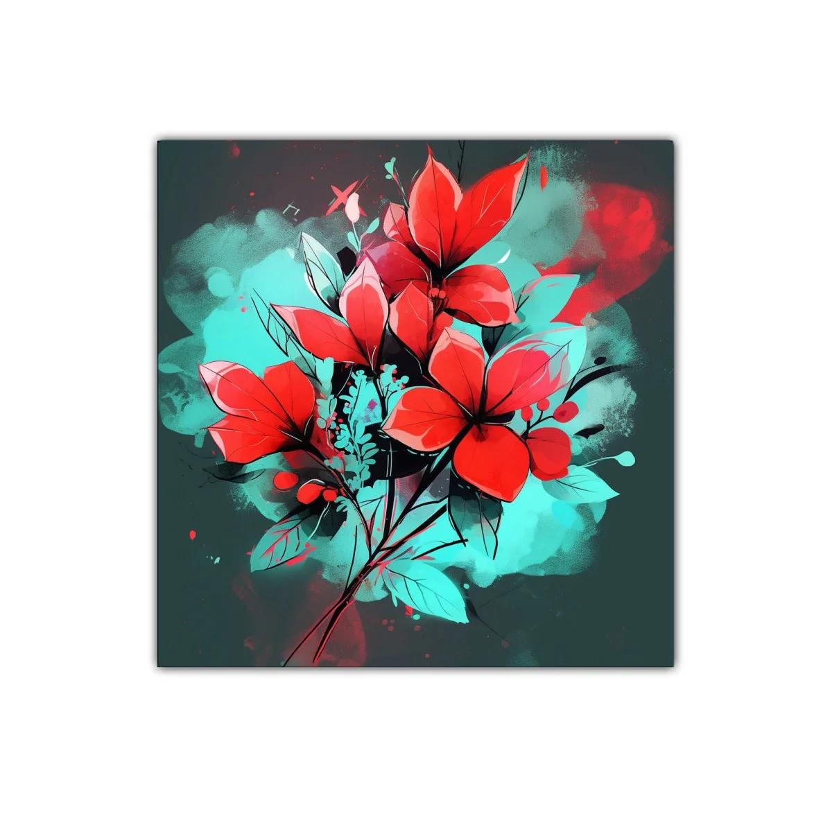 Cuadro floral vibrante con contraste rojo y turquesa