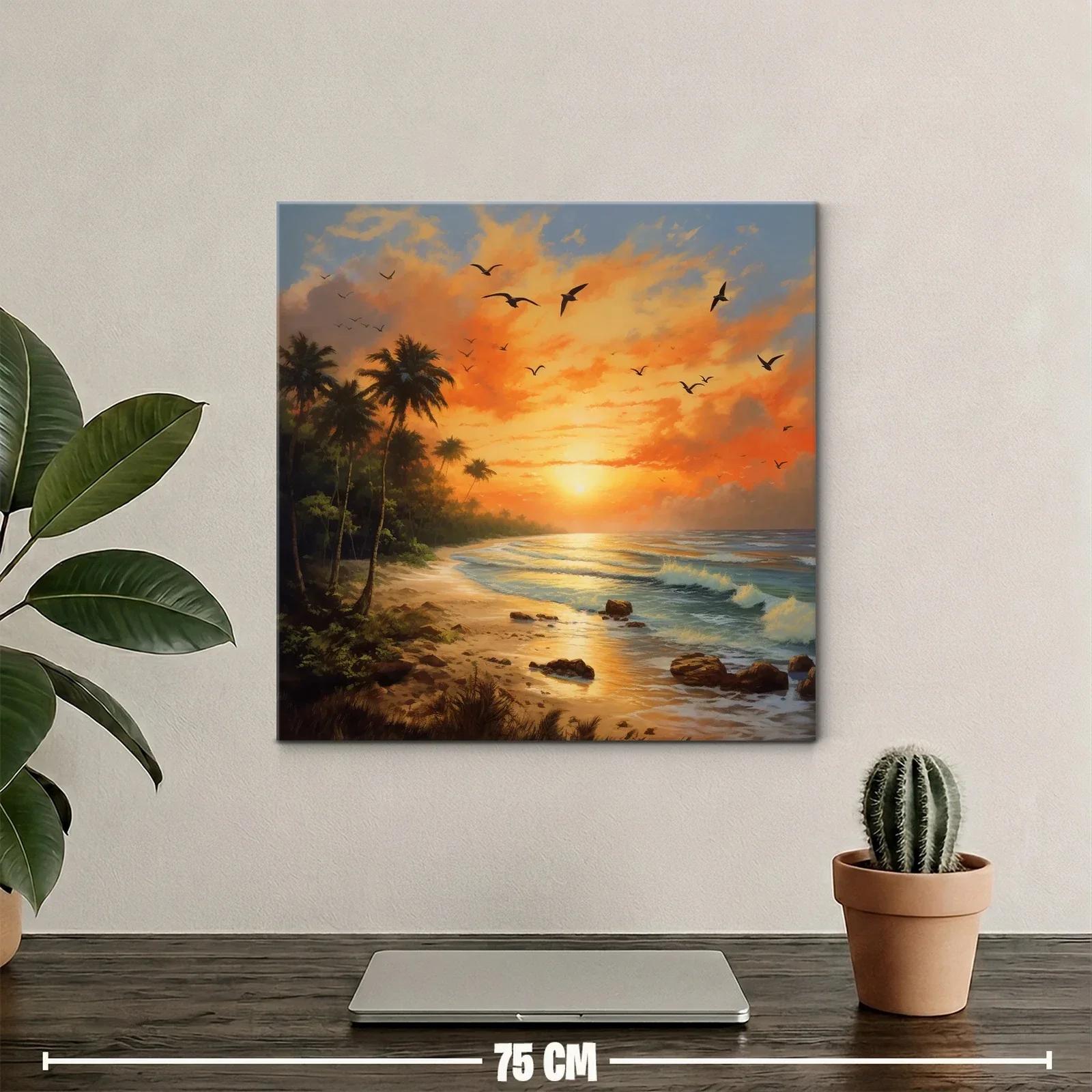 Atardecer tropical con palmeras y aves en vuelo — miniatura 2