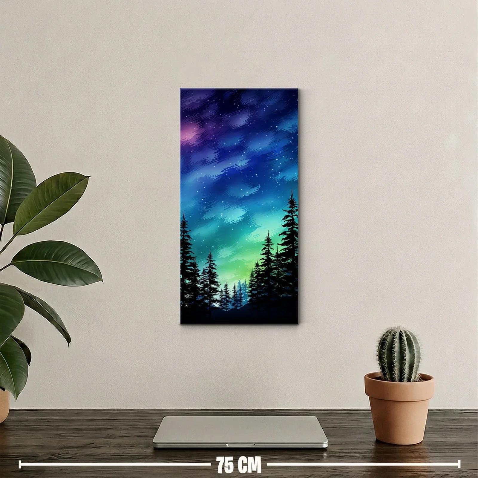 Cuadro cielo nocturno estrellado con aurora sobre pinos — miniatura 2