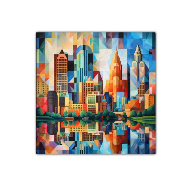 Ciudad vibrante con reflejos geométricos y colores vivos