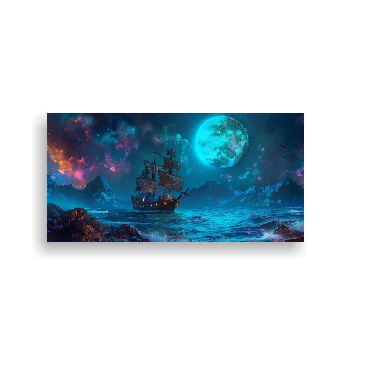 Cuadro velero bajo una luna grande y cielo dramático — imagen principal