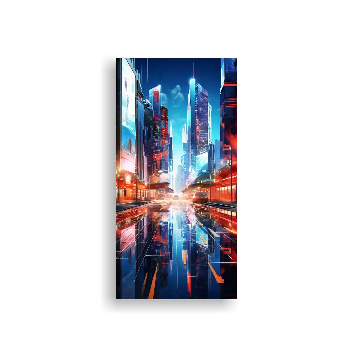 Cuadro ciudad futurista con reflejos azules y rojos