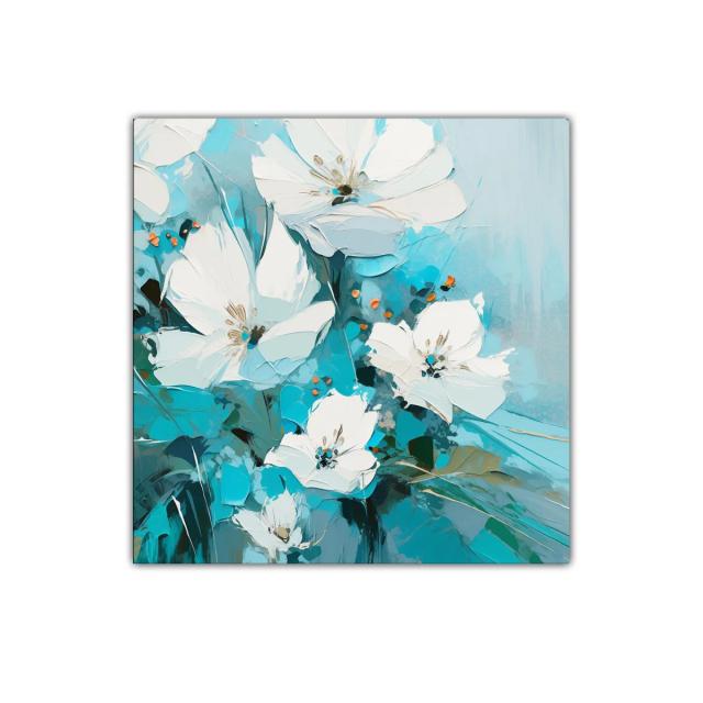 Flores blancas sobre fondo en tonos turquesa y azul