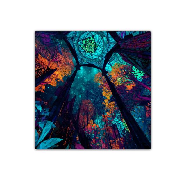 Bosque mágico bajo cúpula estrellada en tonos vibrantes