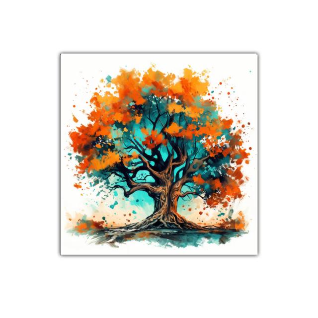 Árbol vibrante con tonos cálidos y frescos en composición dinámica