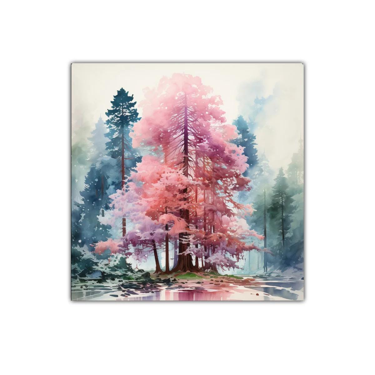 Árbol de tonos rosas y lilas en bosque nebuloso