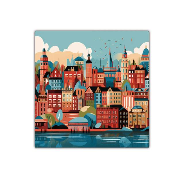 Ciudad vibrante con arquitectura colorida y cielo sereno