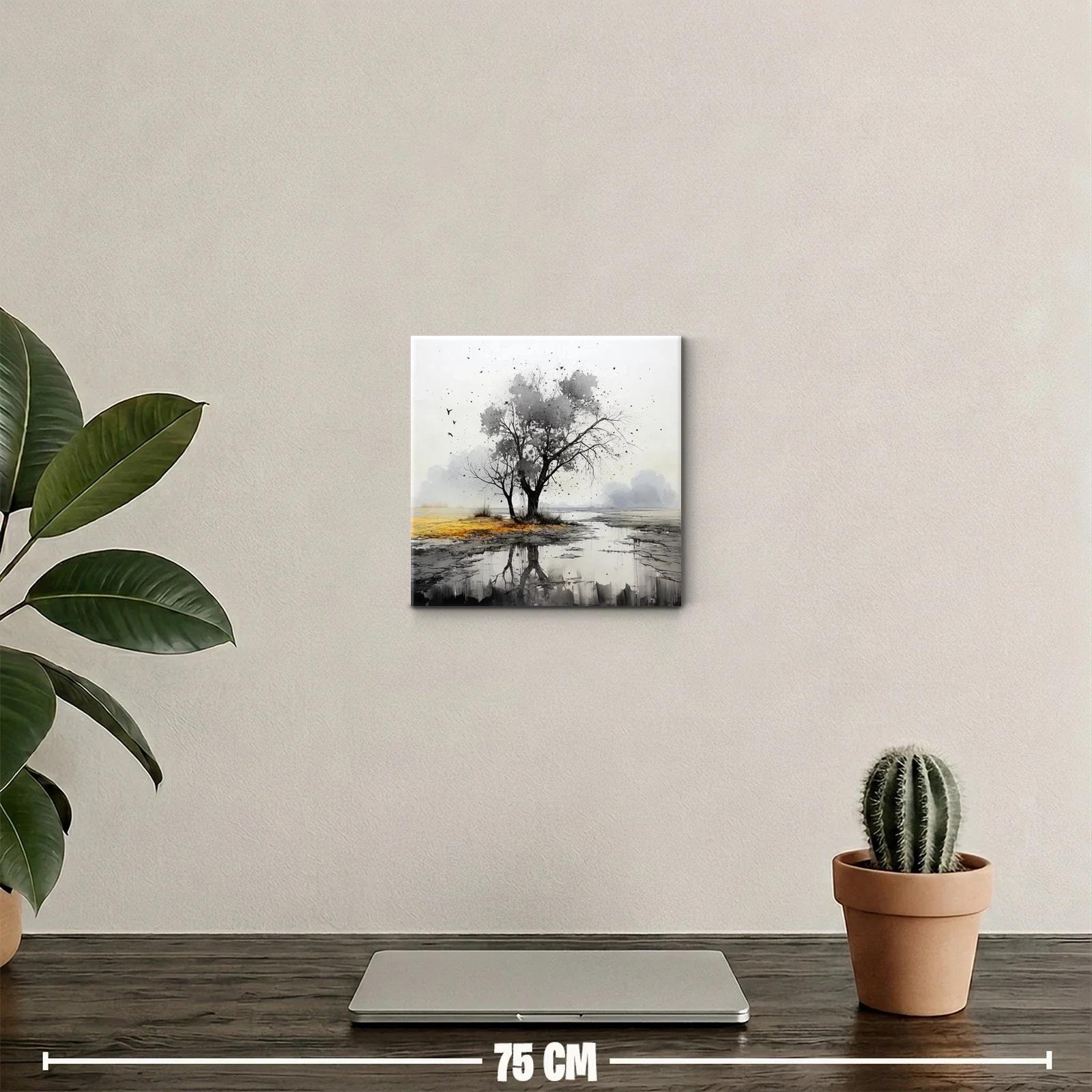 Paisaje sereno con árbol y reflejo en tonos neutros — miniatura 2