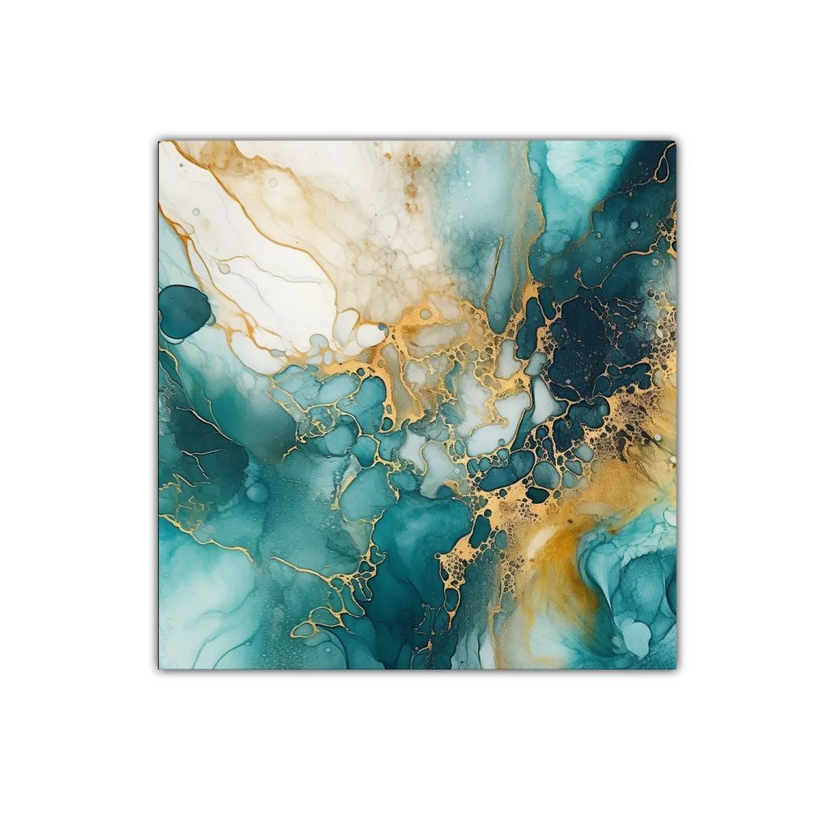 Cuadro abstracto con tonos turquesa y dorado brillante — imagen principal