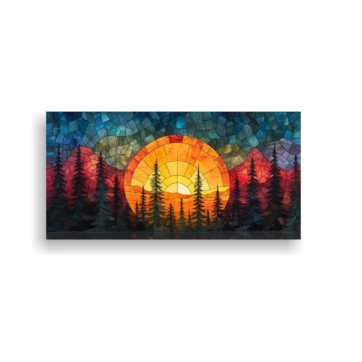 Cuadro atardecer sobre bosque de pinos con cielo tipo mosaico