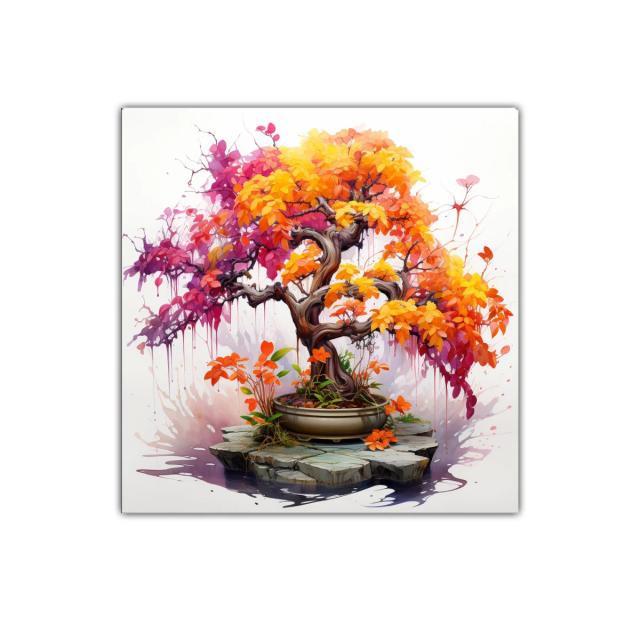 Árbol bonsái con hojas en tonos cálidos vibrantes