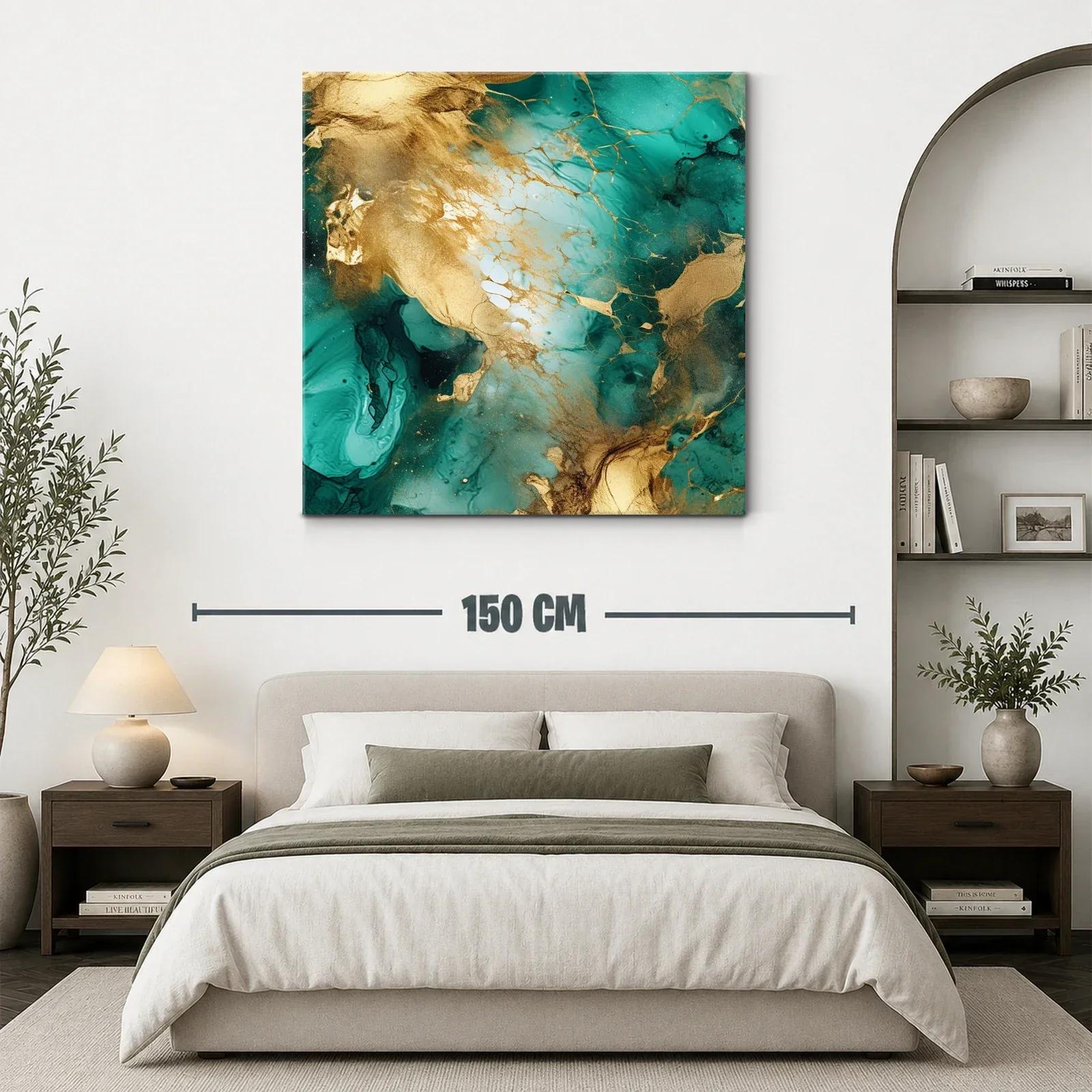 Cuadro abstracto con tonos dorados y verdes vibrantes — miniatura 3