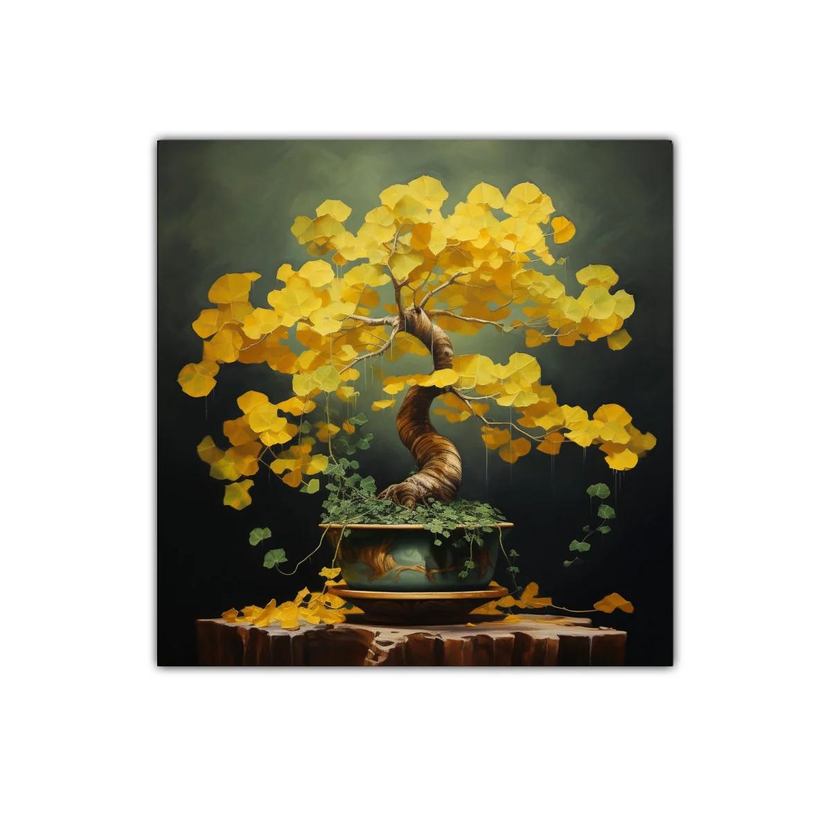 Bonsái con hojas doradas sobre fondo etéreo oscuro — imagen principal