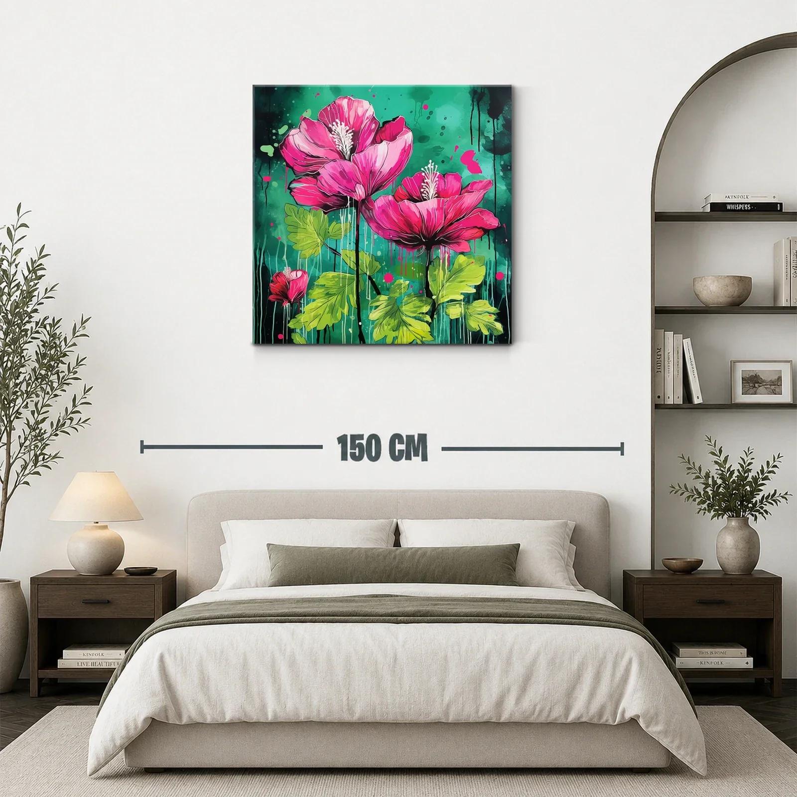 Cuadro vibrante con flores fucsias sobre fondo verde intenso — miniatura 3