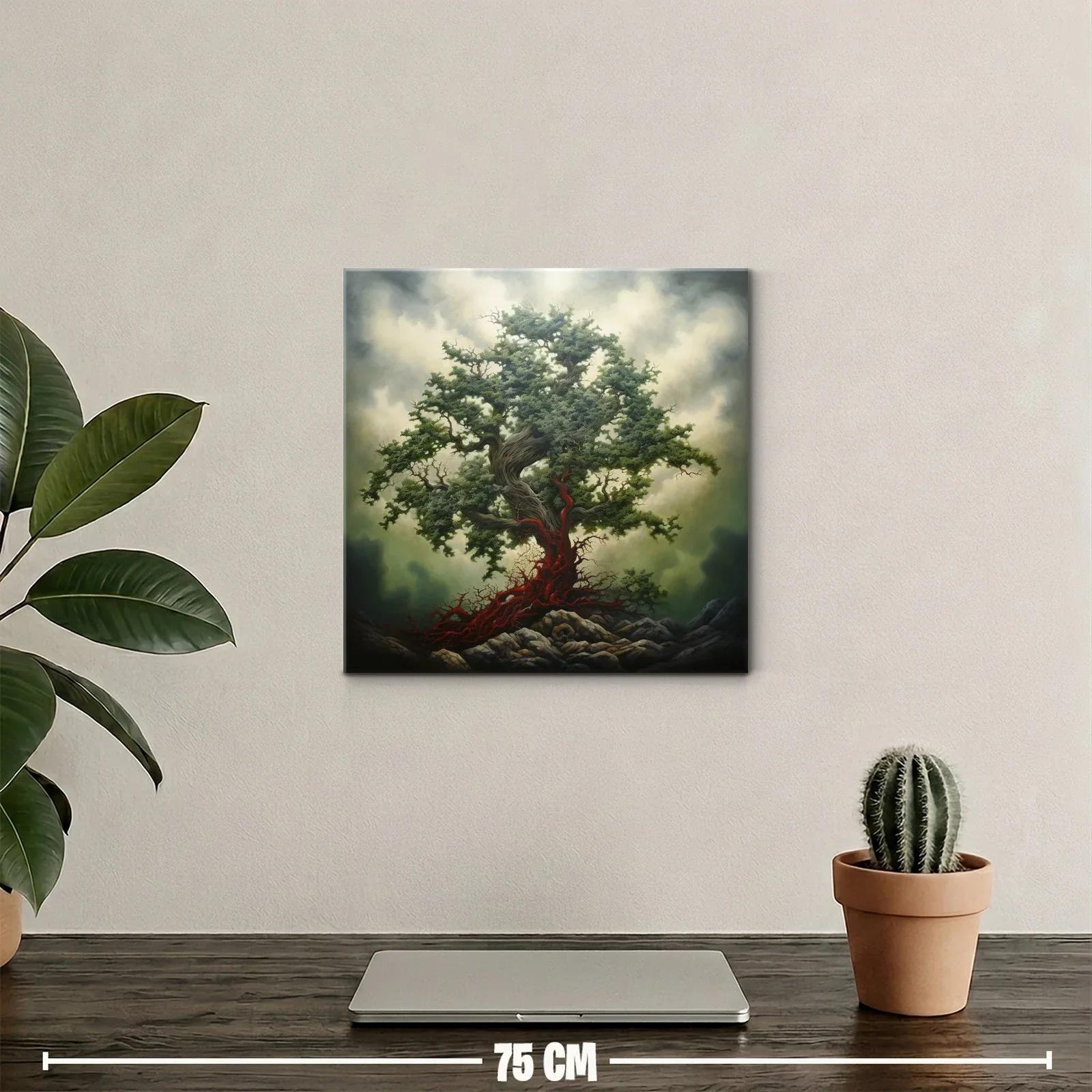 Árbol Imponente con Raíces Escarlata en Paisaje Dramático — miniatura 2