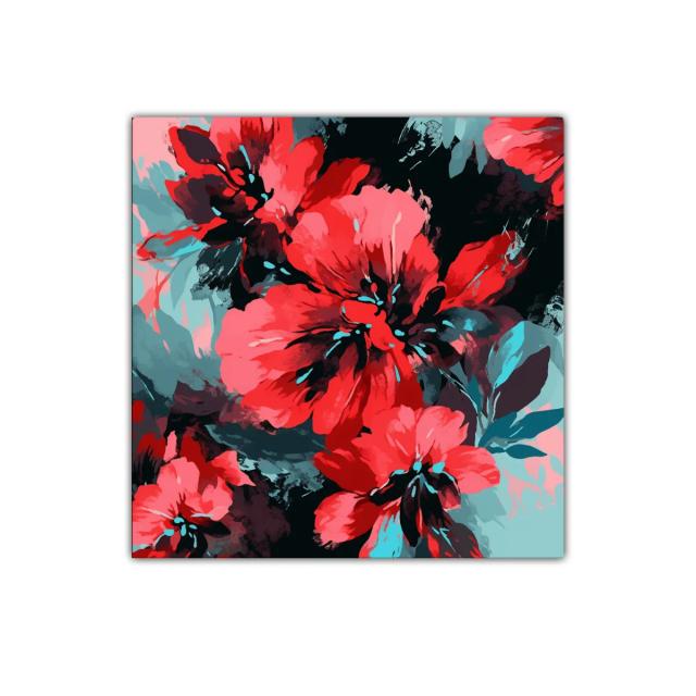 Cuadro decorativo con vibrantes flores rojas y tonos azulados