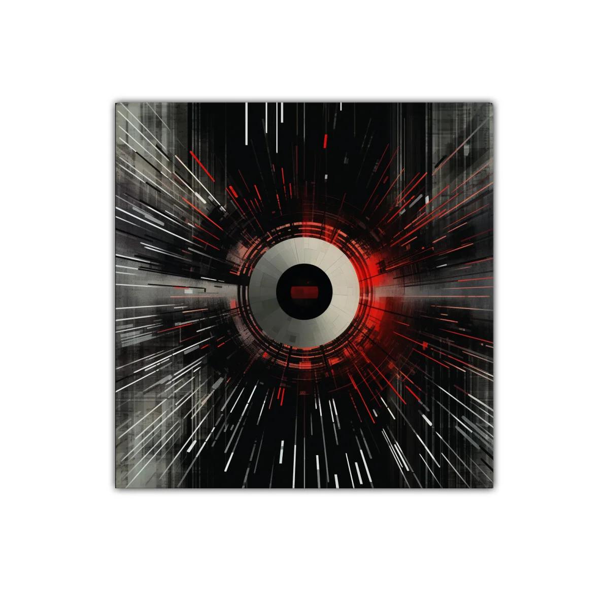 Cuadro geométrico con explosión de líneas rojas y negras — imagen principal