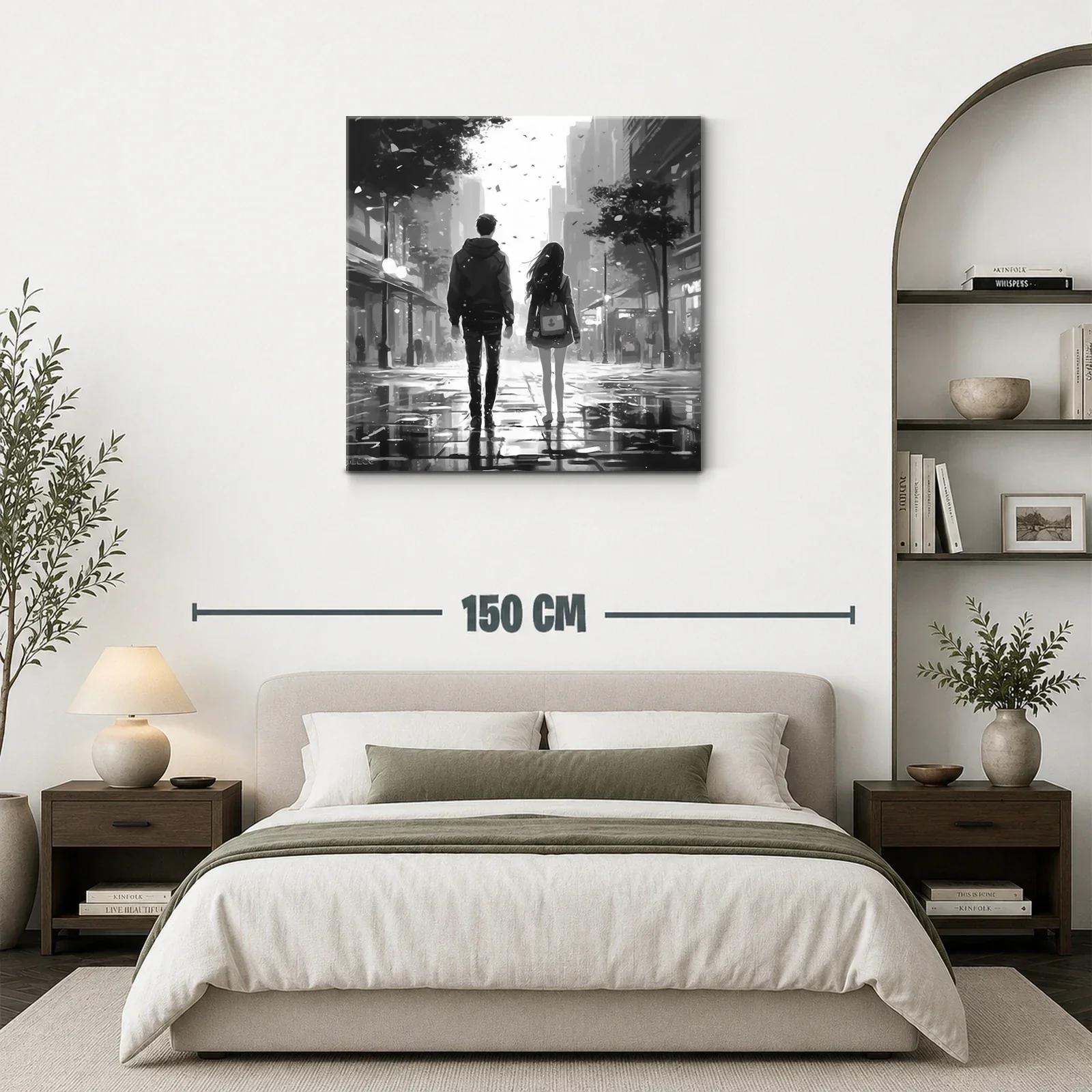 Pareja caminando en ciudad bajo lluvia suave en blanco y negro — miniatura 3