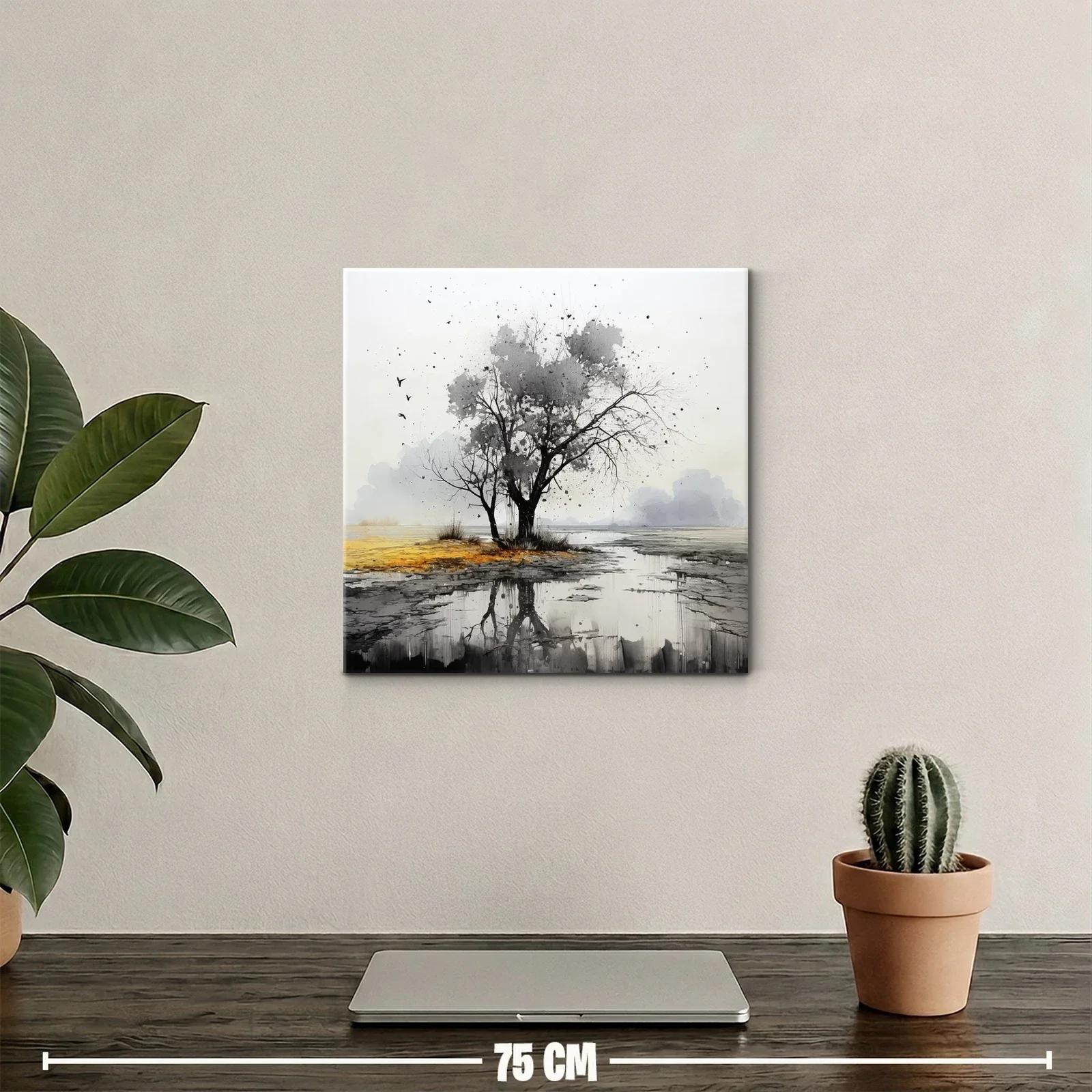 Paisaje sereno con árbol y reflejo en tonos neutros — miniatura 2
