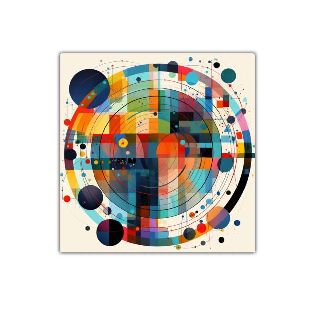 Cuadro abstracto con círculos coloridos y geometría dinámica