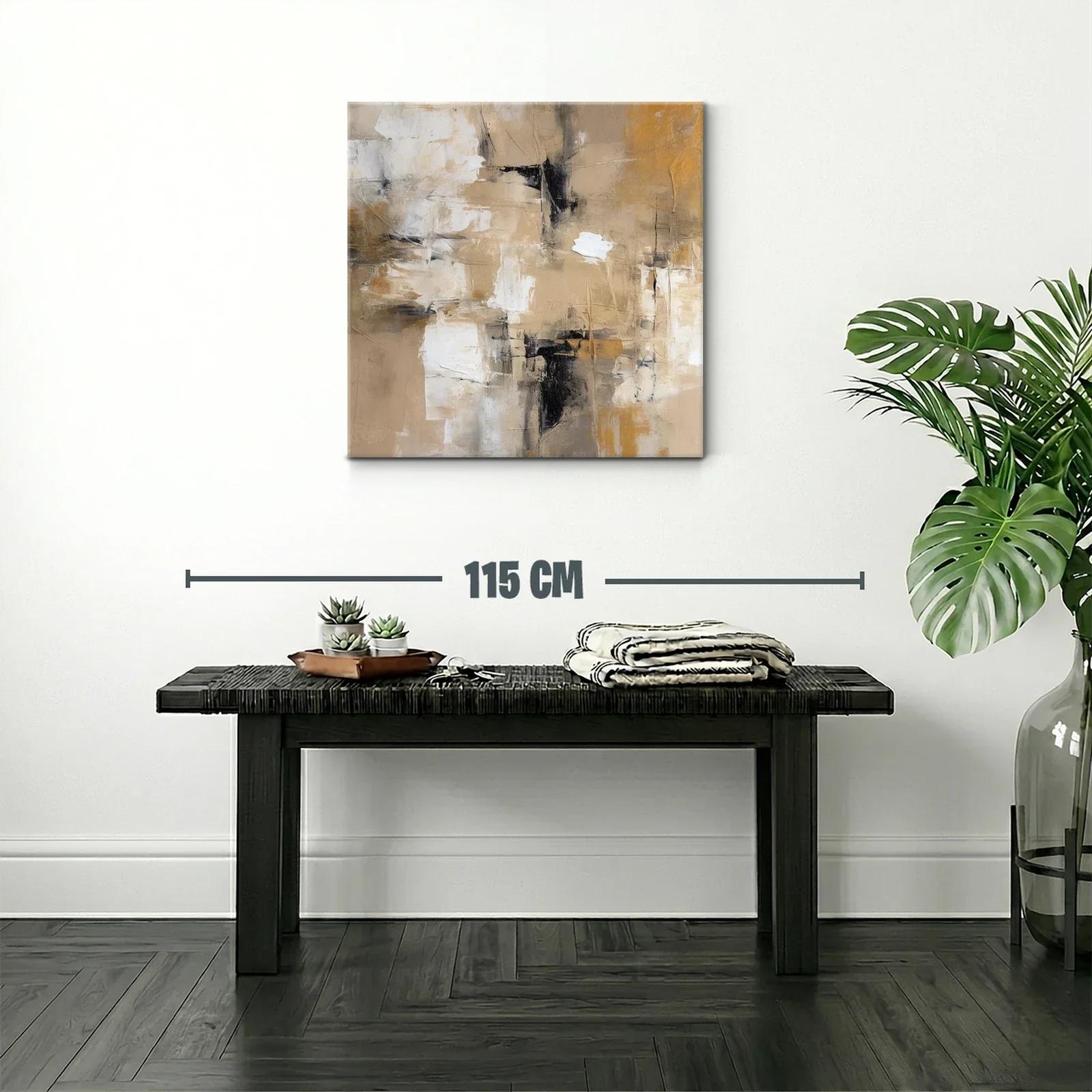 Cuadro abstracto en tonos beige y ocres con contraste negro — miniatura 2