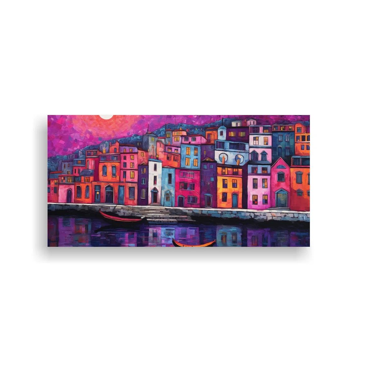 Cuadro pueblo costero colorido con reflejos en el agua — imagen principal
