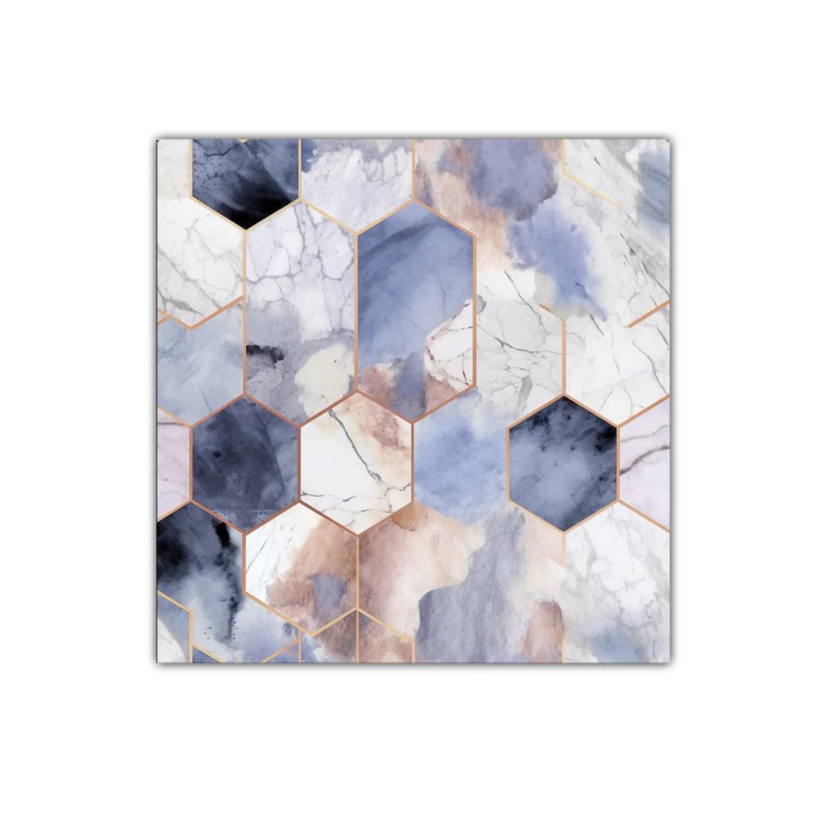 Cuadro decorativo con patrón geométrico en tonos azules y marrones