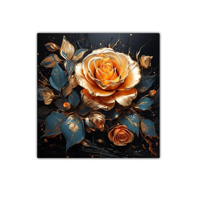 Rosas doradas y azul oscuro en composición elegante y vibrante