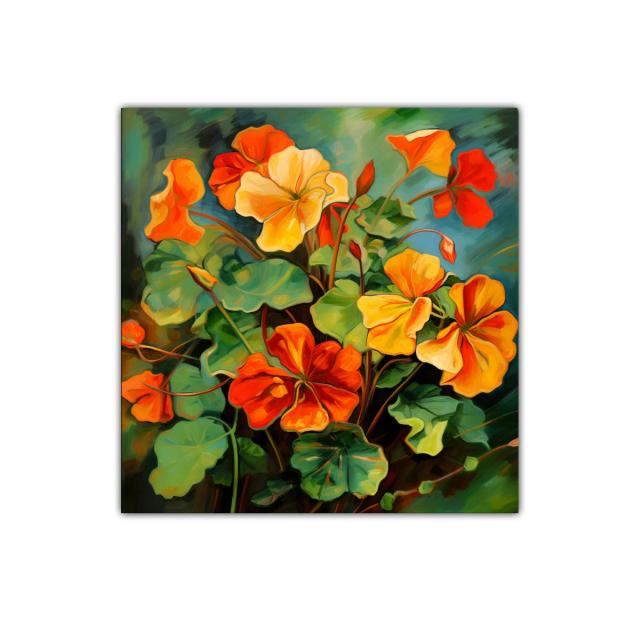 Cuadro vibrante con flores en tonos cálidos y verdes