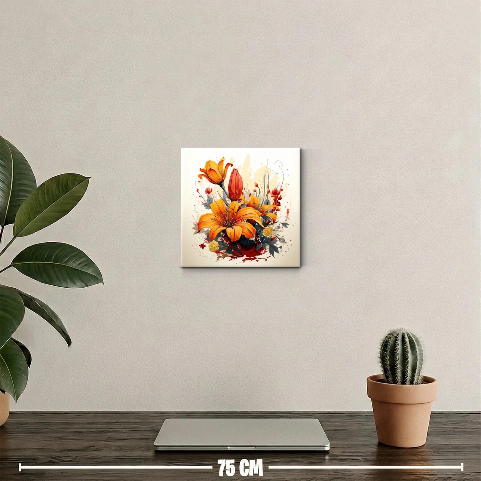 Cuadro decorativo con flores naranjas vibrantes y hojas sombreadas — miniatura 2