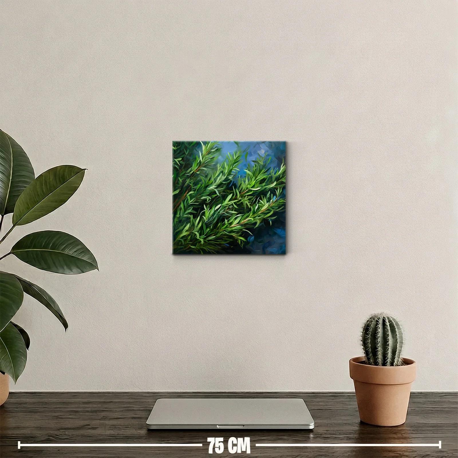 Cuadro decorativo con hojas verdes en fondo azul intenso — miniatura 2