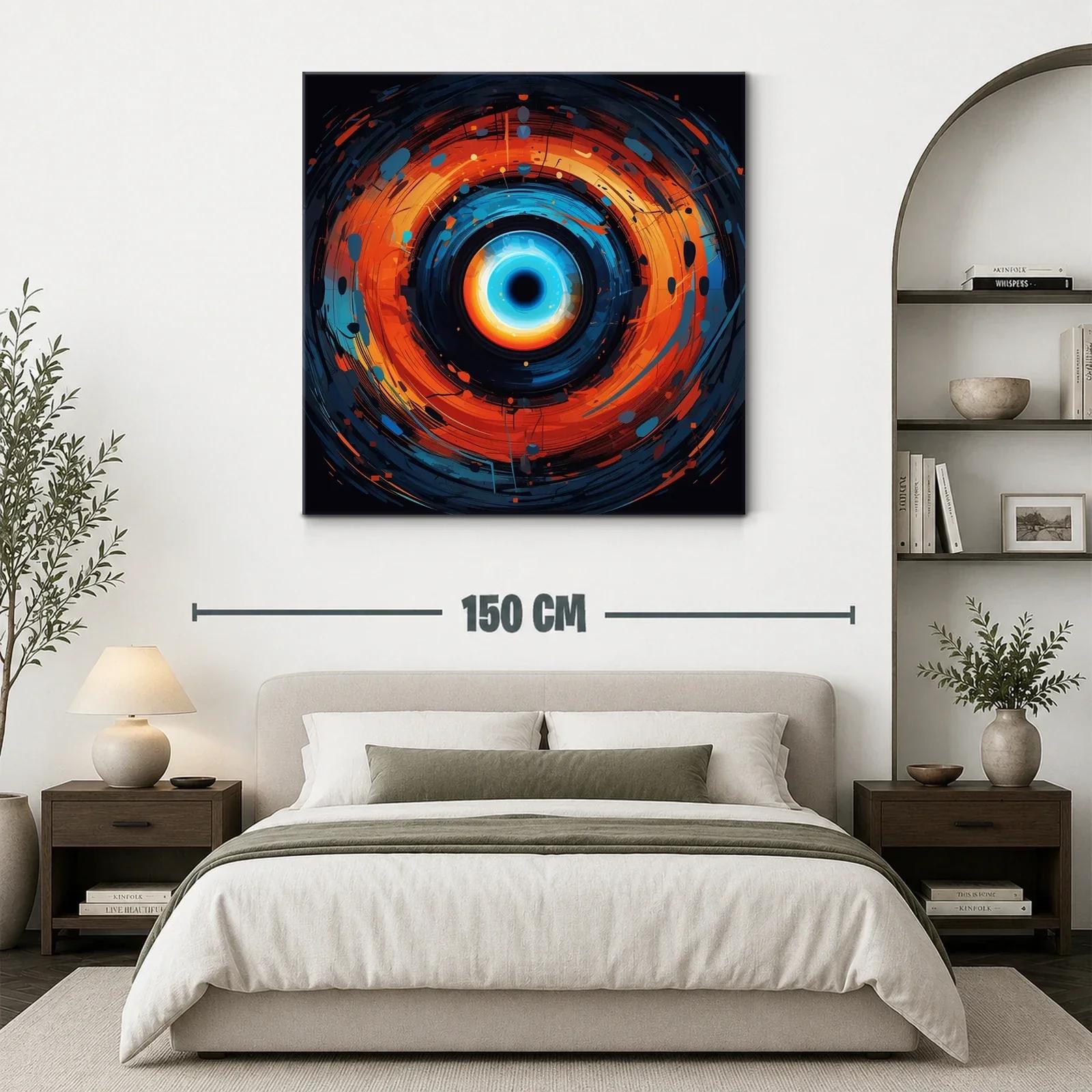 Cuadro abstracto con espiral vibrante en tonos azules y naranjas — miniatura 3