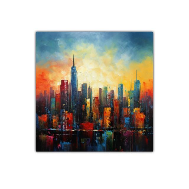 Vibrante ciudad al amanecer con colores intensos