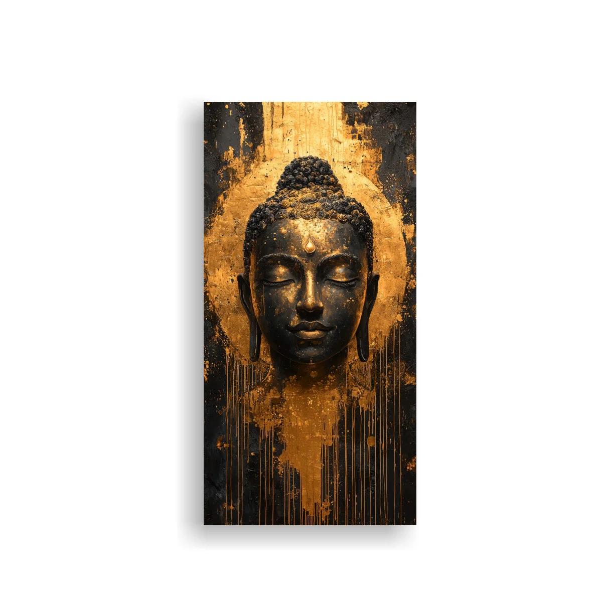 Cuadro rostro de Buda con halo dorado y salpicaduras