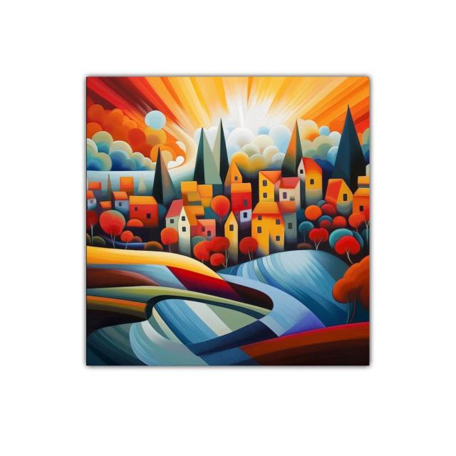 Colorido paisaje urbano con casas y árboles en tonos vibrantes