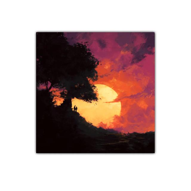 Atardecer mágico con siluetas junto a un árbol gigante