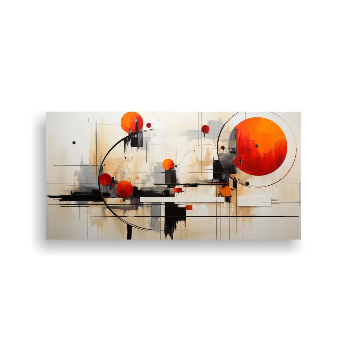 Cuadro de círculos rojos y naranjas con arcos geométricos