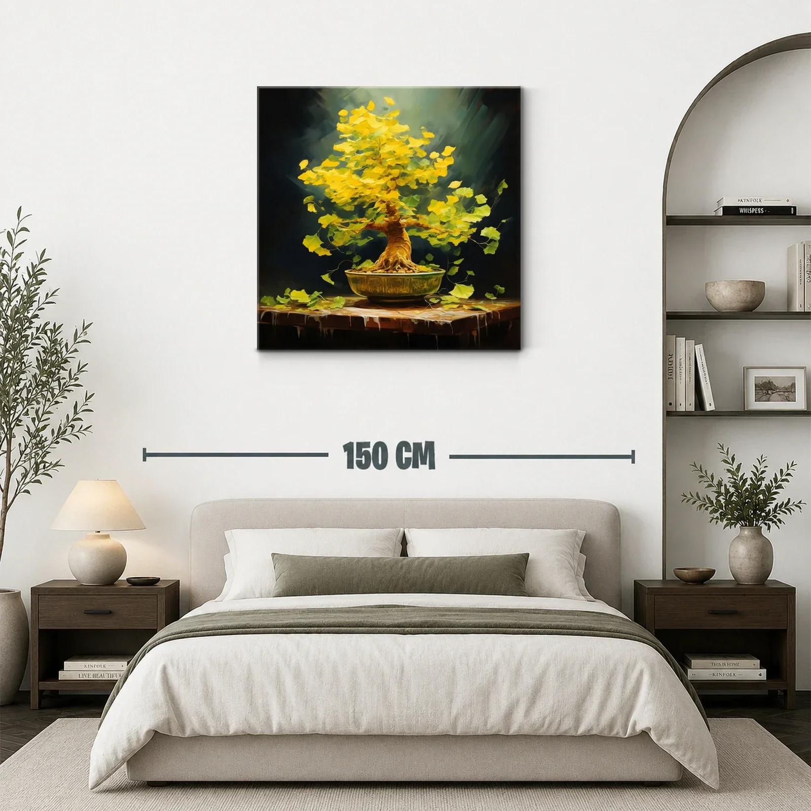 Árbol bonsái con hojas doradas vibrantes sobre mesa rústica — miniatura 3