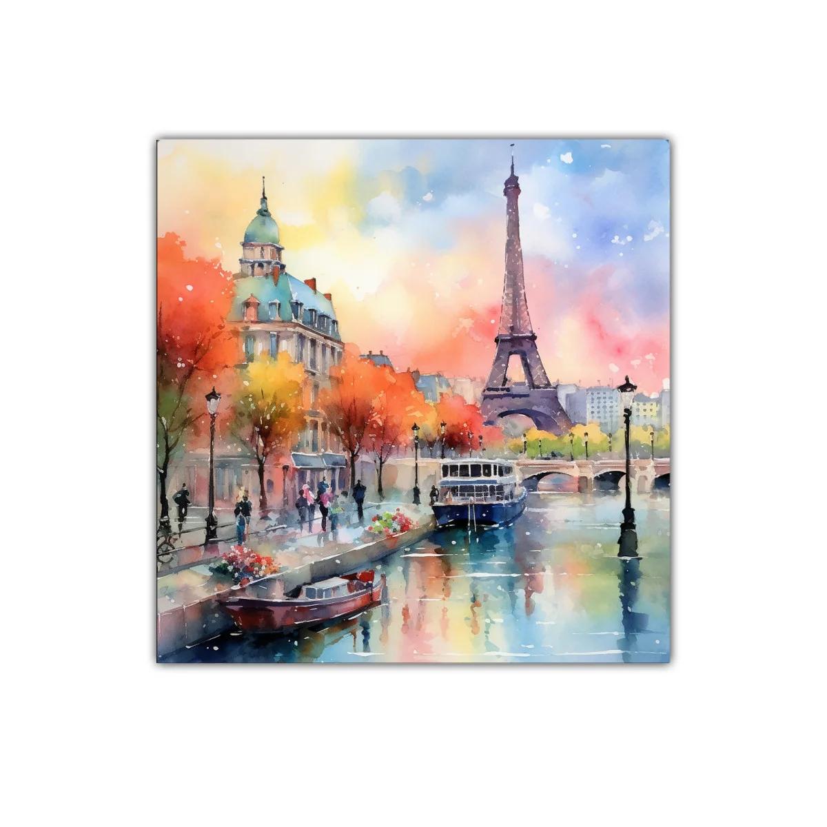 Paisaje urbano con la torre Eiffel y río al atardecer