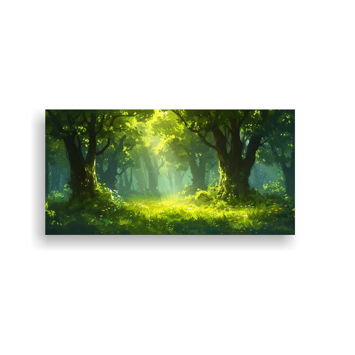 Cuadro bosque iluminado con rayos de luz y neblina