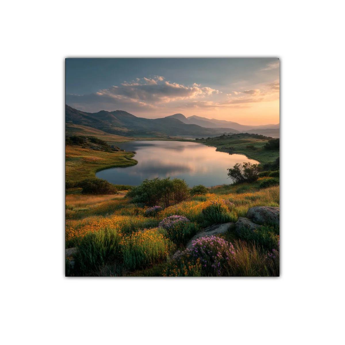 Paisaje sereno con lago y pradera en tonos cálidos