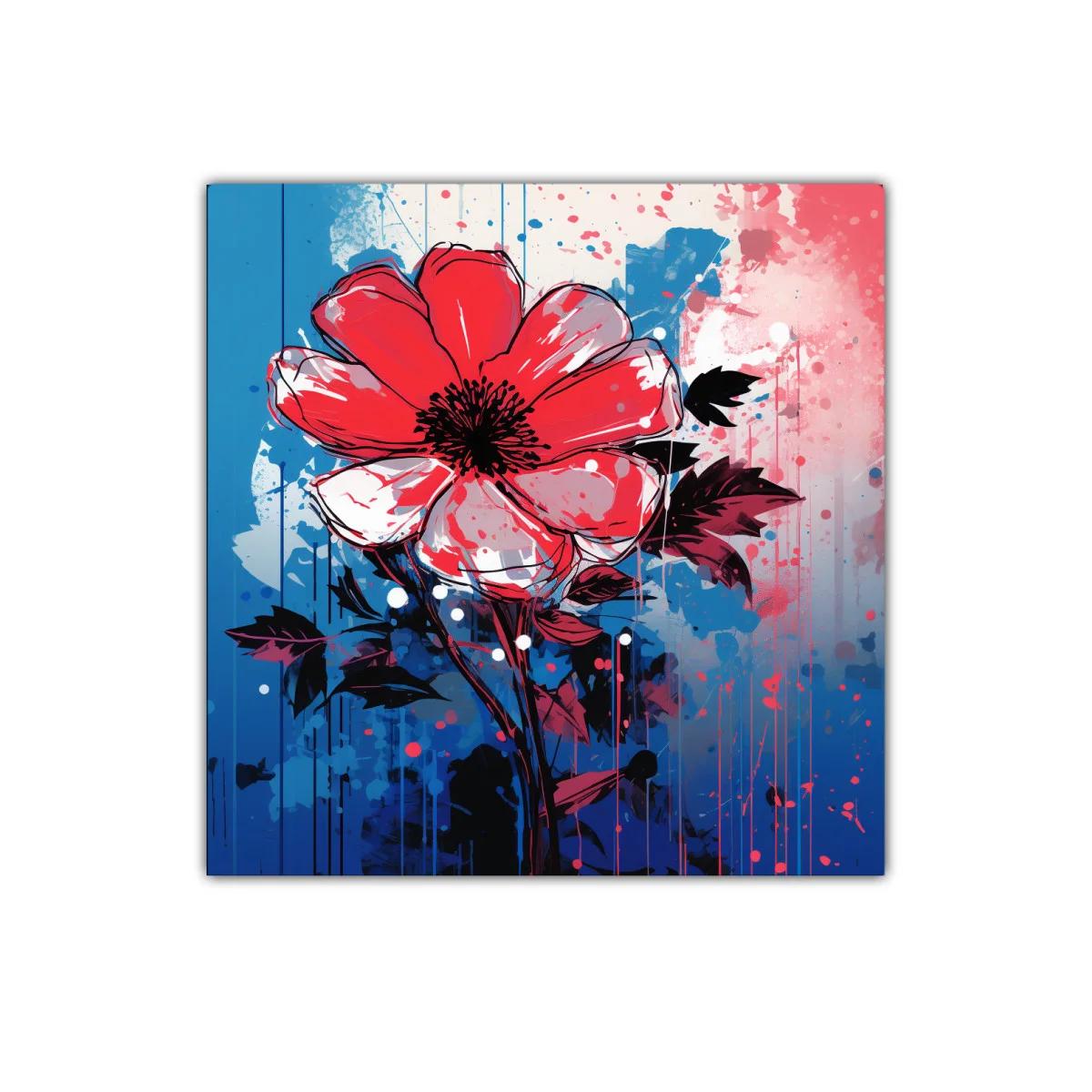 Flor roja vibrante sobre fondo azul y rosa