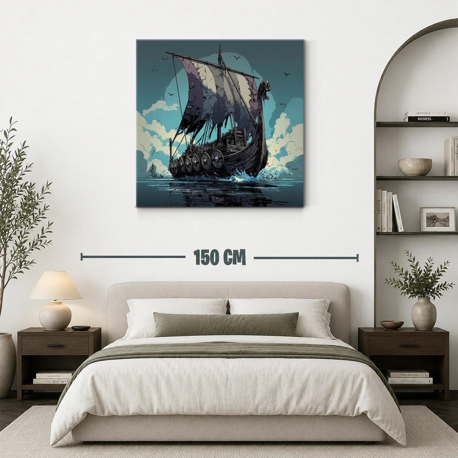 Barco Vikingo surcando el mar con velas desgastadas — miniatura 3