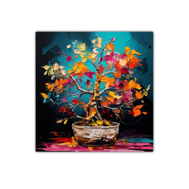 Árbol colorido con hojas vibrantes sobre fondo azul