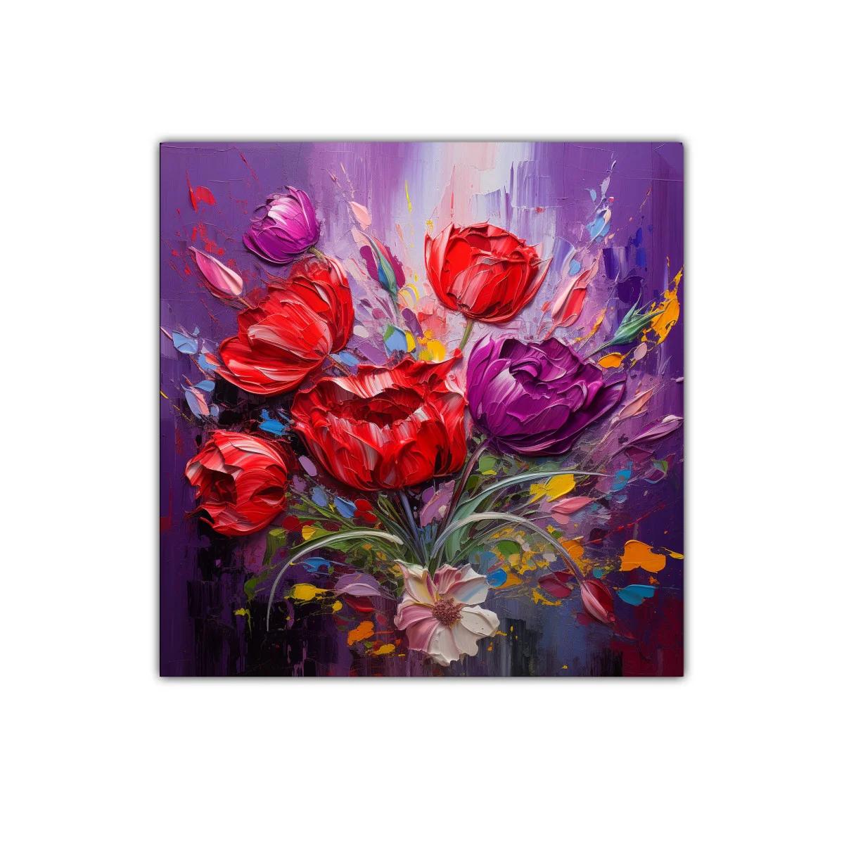 Cuadro decorativo con ramo vibrante de flores rojas y moradas