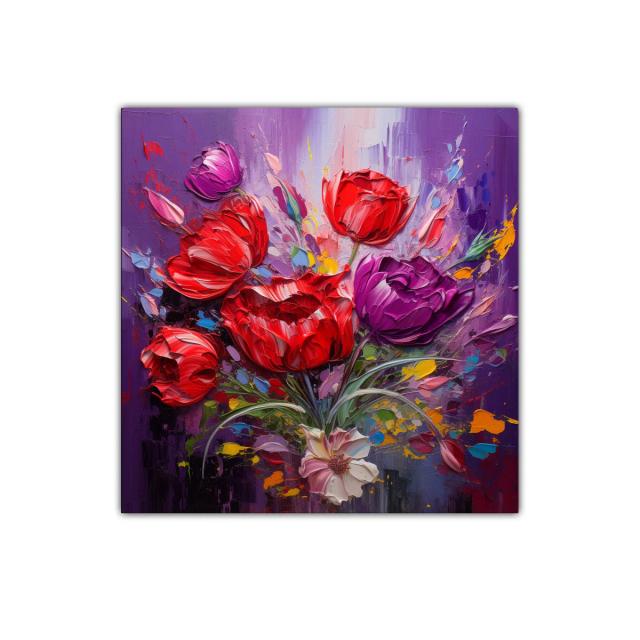 Cuadro decorativo con ramo vibrante de flores rojas y moradas