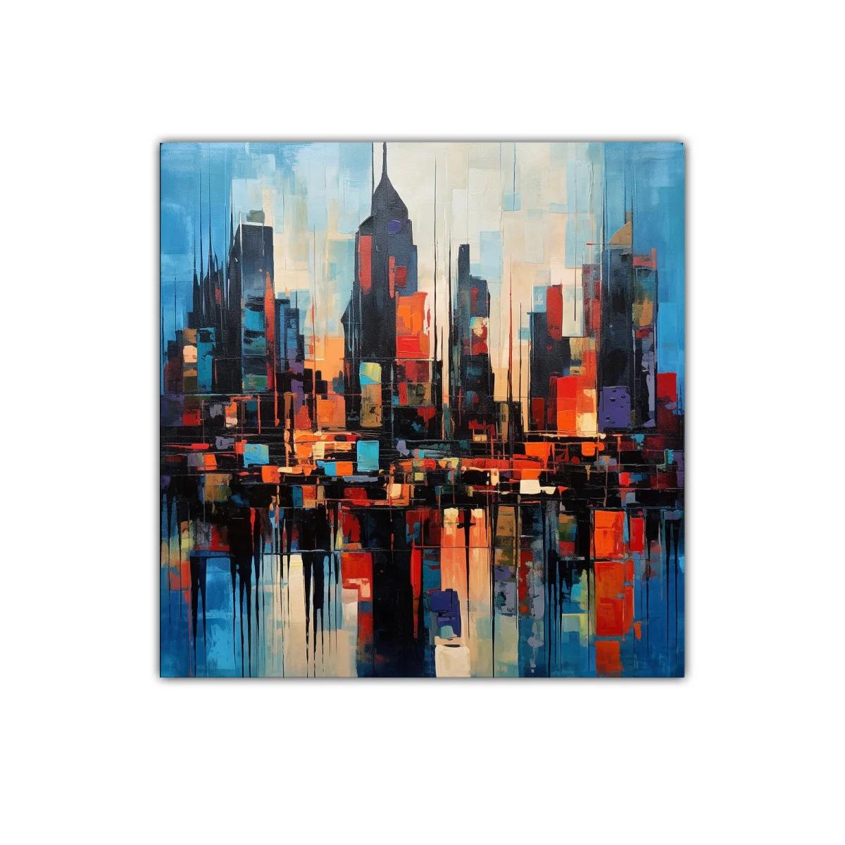 Ciudad abstracta con vibrantes tonos cálidos y fríos al atardecer