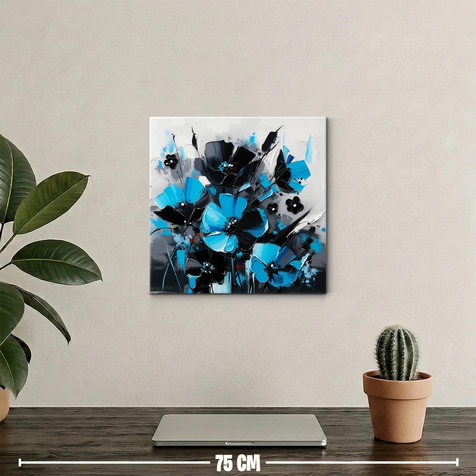 Cuadro floral moderno en tonos azul y negro vibrante — miniatura 2
